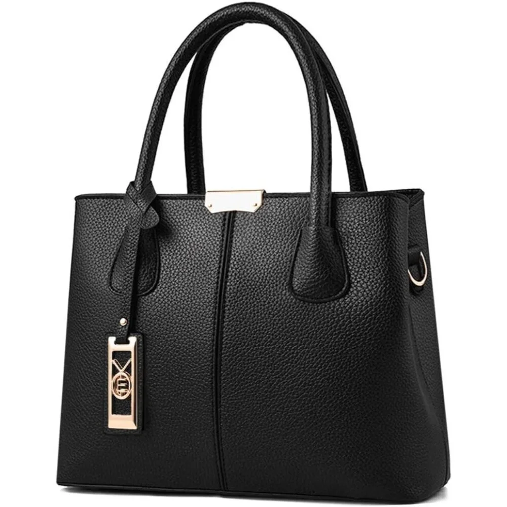 Women's Black Top Handle Satchel Pu Leather Zipper Closure Tote Bags